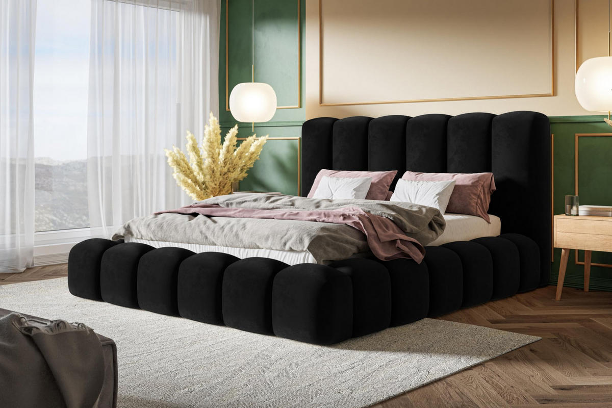 BETT 180x200 - Polsterbett mit Bettkasten und Metallrahmen - Modern Bett - Eleganter Amor-Velvet-Stoff - Kollektion Nora Maxi - Schwarz - Schwarz, Holz/Textil (180/200cm) - Alpi-Möbel