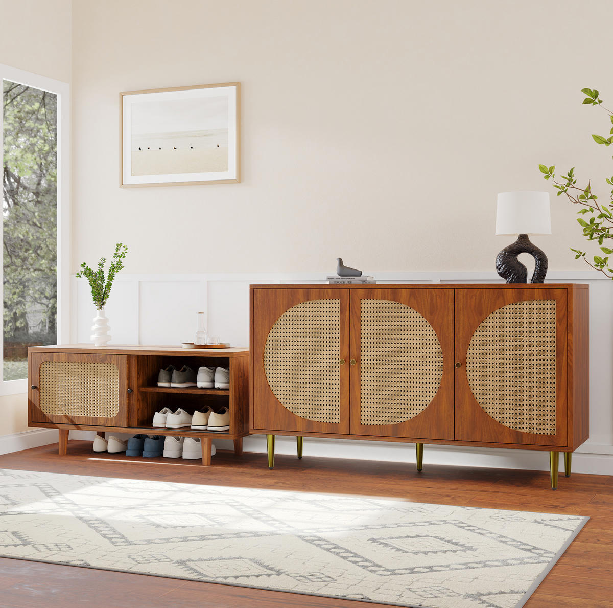 SIDEBOARD-SET 104/40/48 cm walnussfarben aus Spanplatte und Rattan mit Kommode und Schuhschrank - Walnussfarben, Holzwerkstoff (104/48/40cm) - OKWISH
