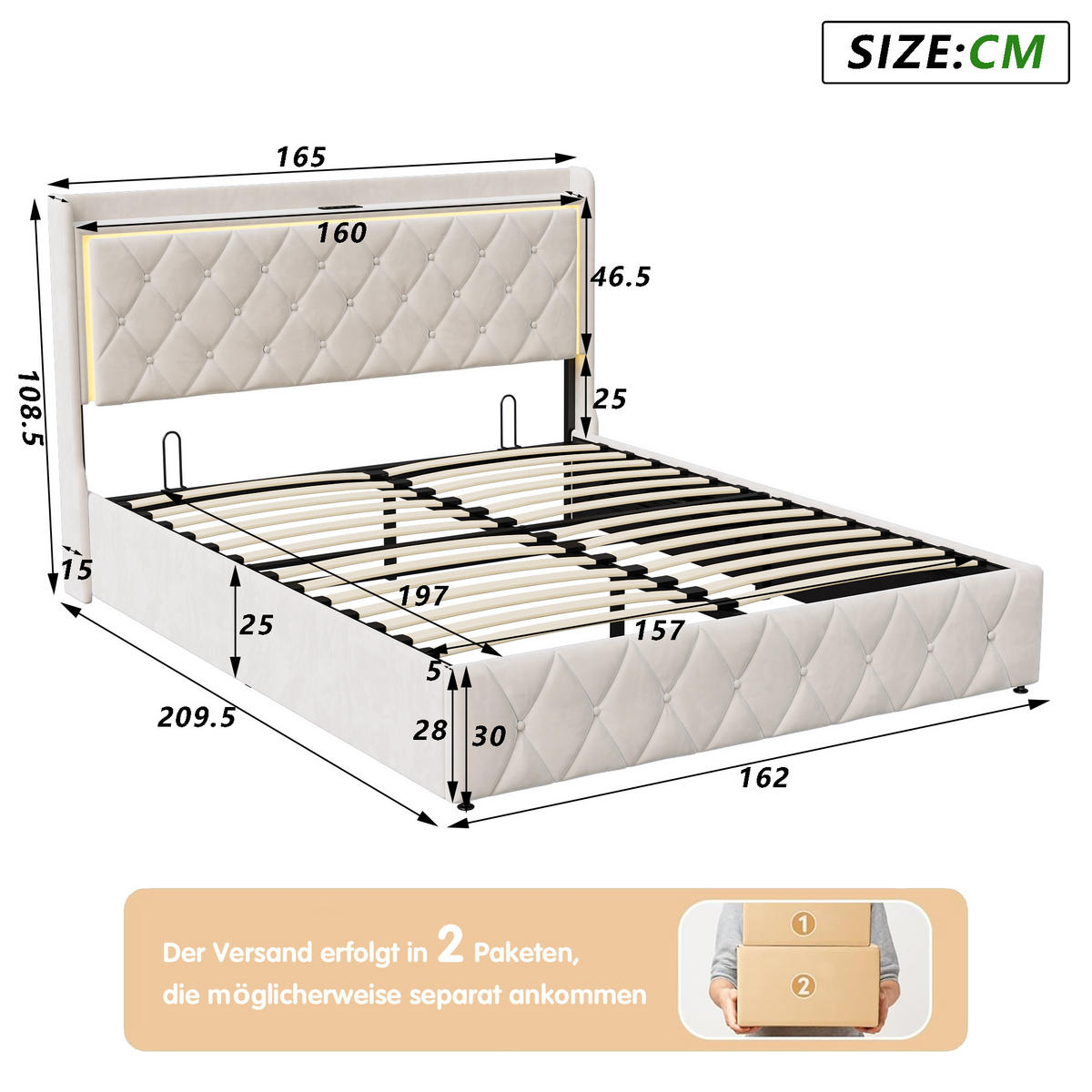 POLSTERBETT 160x200 cm, Beige, mit LED-Beleuchtung & USB-Aufladung - Beige, Textil/Metall (160/200cm)