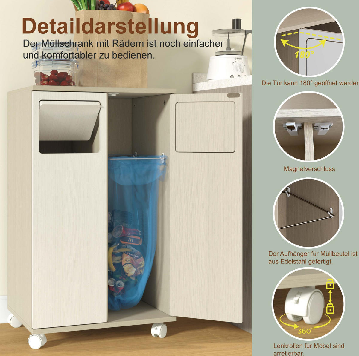 SKŘÍŇKA na tříděný odpad z MDF 46,7x35x80 cm bílá na kolečkách se 2 přihrádkami - bílá, kompozitní dřevo (46/80/35cm) - Modfu
