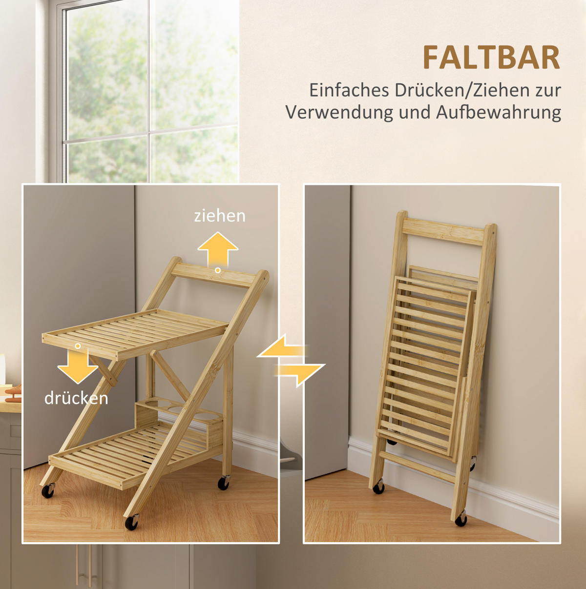 KÜCHENINSEL 66/40/70 cm klappbar mit Rollen, 2 Ablagen und Weinregal aus Bambus, Natur - Hellbraun, Naturmaterialien (66/70/40cm) - Redom