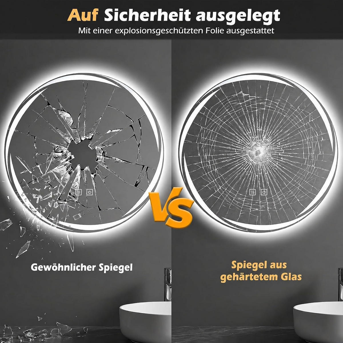 BADEZIMMERSPIEGEL mit Beleuchtung silber - Silberfarben, Glas (50/50/4cm) - COSTWAY
