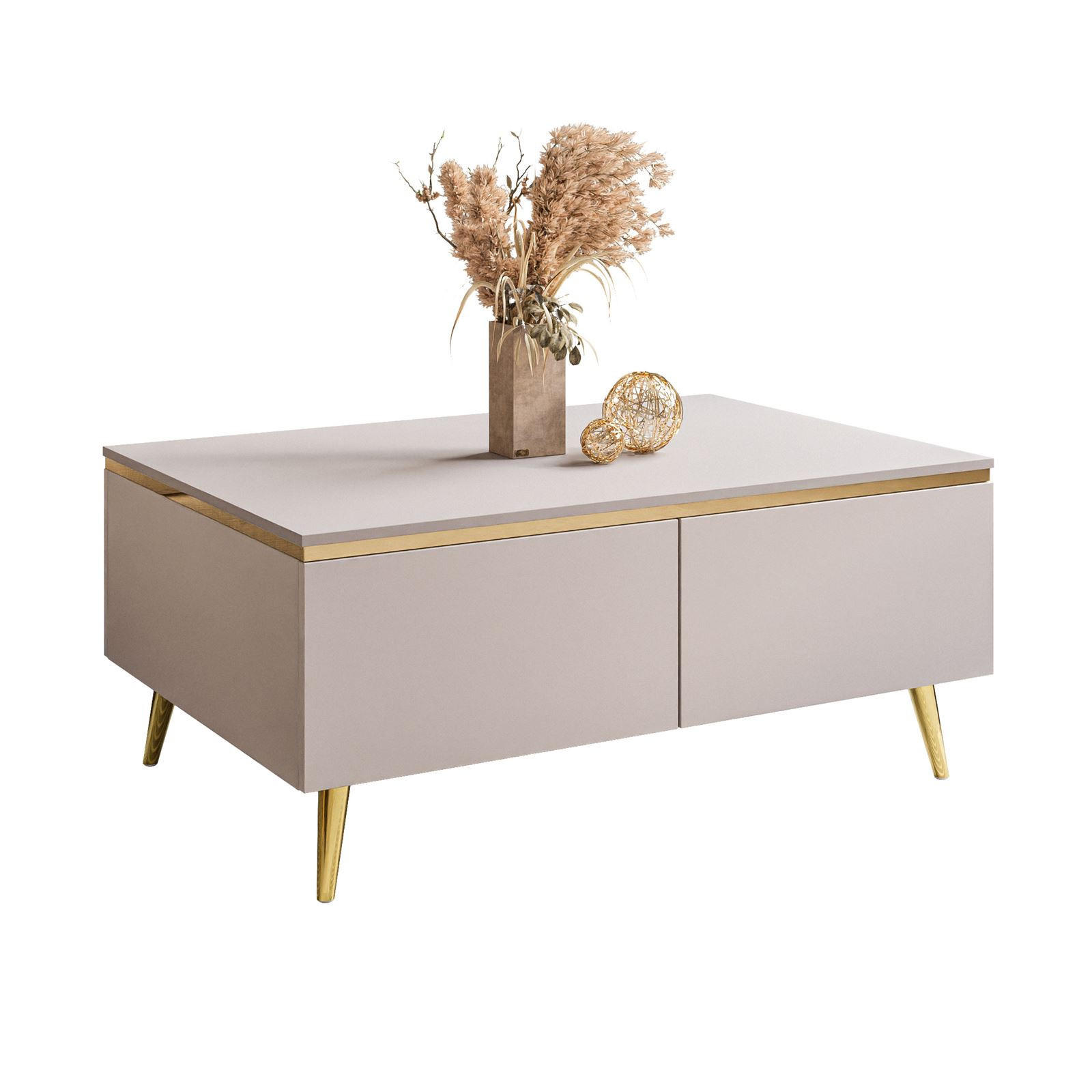 COUCHTISCH AURORA mit Staufach Kaschmir mit schräge Goldchrom Fuße - Kaschmir/Goldfarben, Holzwerkstoff/Metall (60/90/41cm) - Lookway
