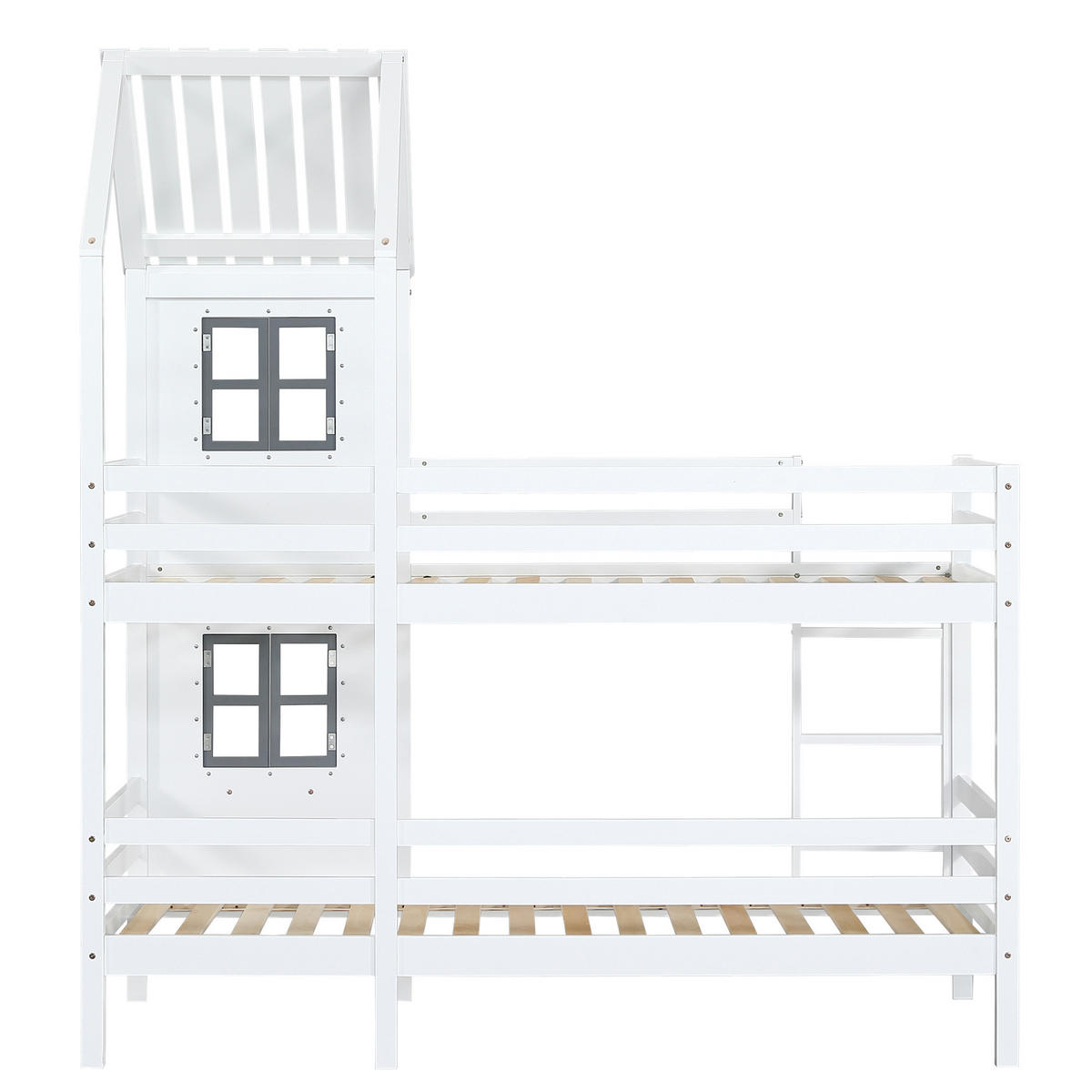 ETAGENBETT 90/200 cm DE-02320, in Weiß, mit Handlauf, Fenster und Hausdesign - Weiß, Holz/Holzwerkstoff (90/200cm) - ComfortXL