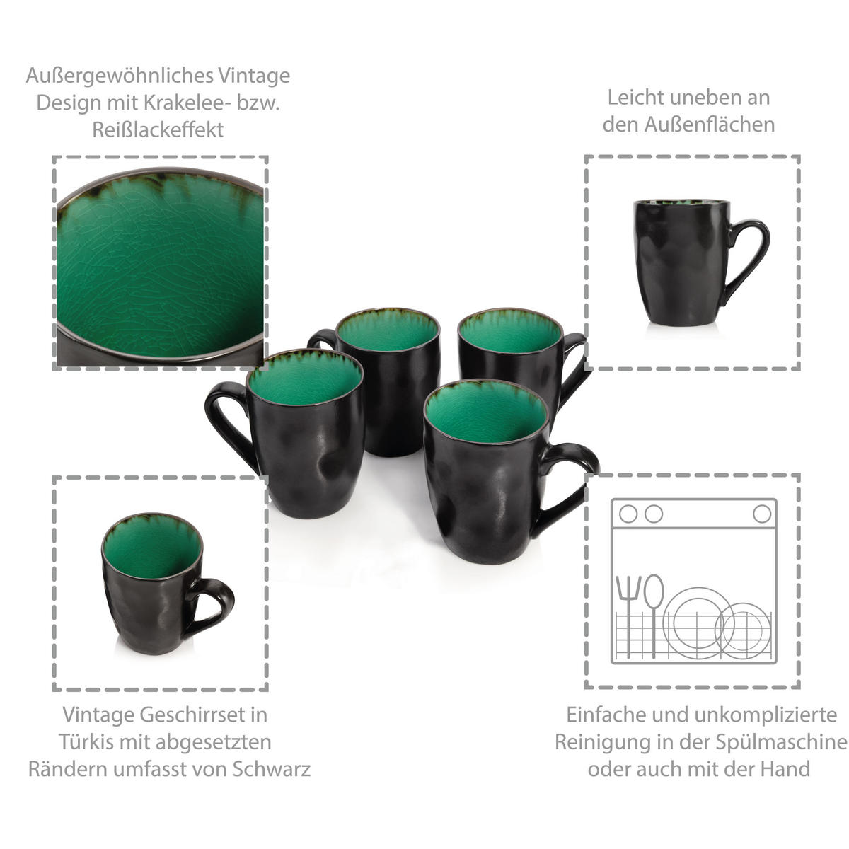 KAFFEEBECHER SET PALM BEACH - 4 teilig aus Steingut - Grün, Keramik (23/14/21cm) - Sänger