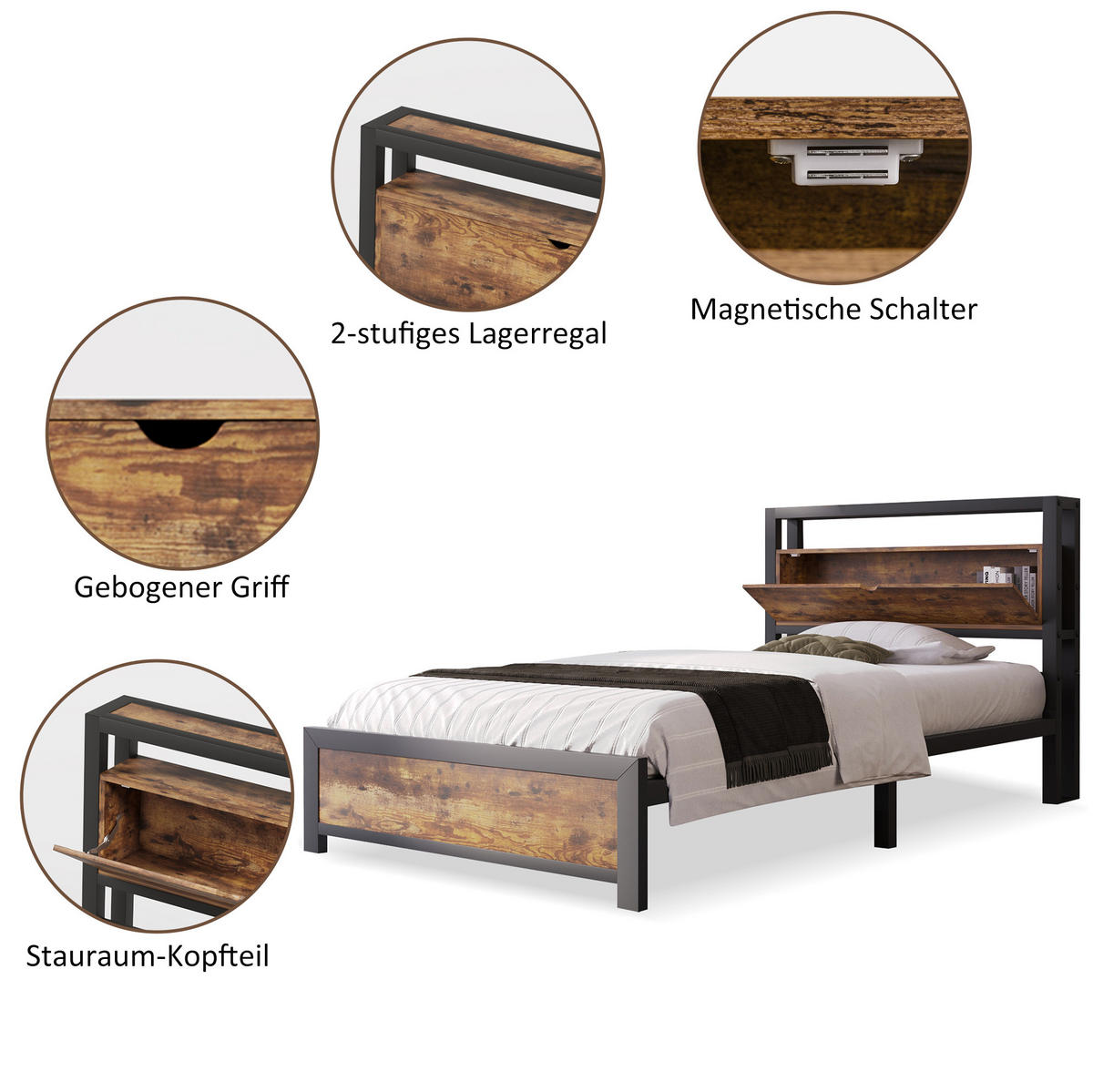 EINZELBETT 90/200 cm mit Stauraum-Kopfteil und Metall-Lattenrost im Industrial-Stil, Natur - Naturfarben, Metall (90/200cm) - Redom