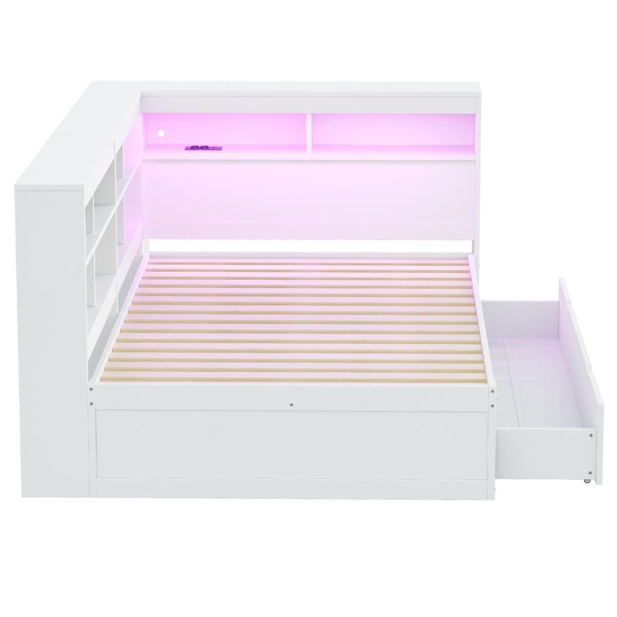 MULTIFUNKTIONSBETT 140/200 cm mit großem Stauraum und USB-Anschluss - Weiß, Holz (140/200cm) - OKWISH