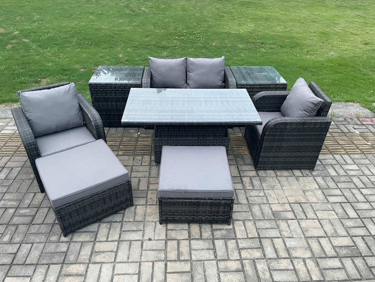 GARTENMÖBEL SET mit Sofa Polyrattan 6-Sitzer - Dunkelgrau/Grau, Glas/Kunststoff - Fimous