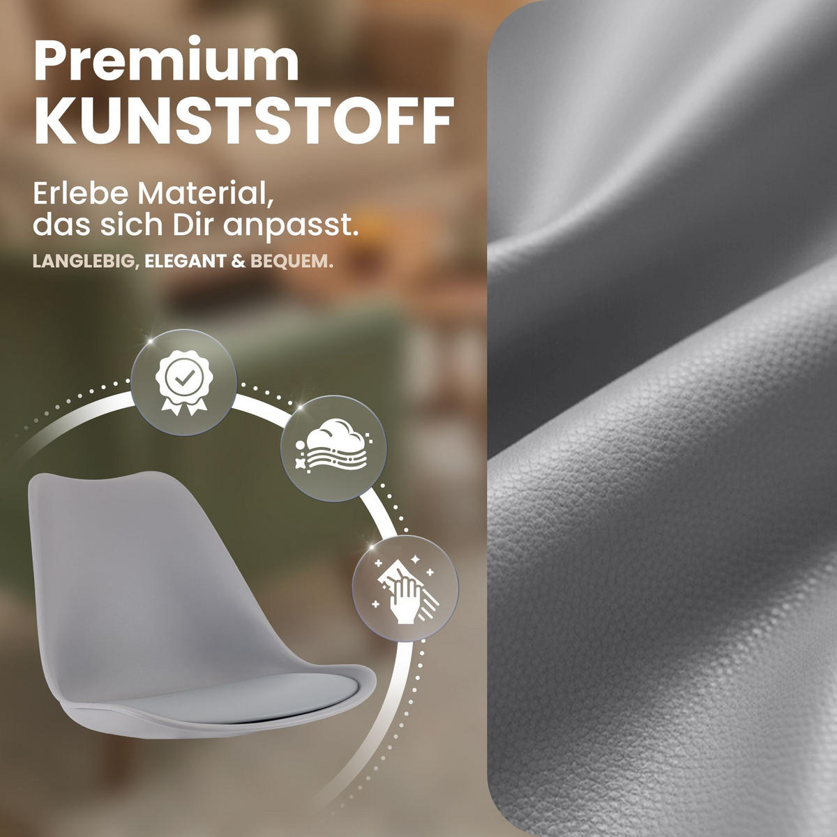STUHL 4er Set Kunststoff grau/grau - Eukalyptusholzfarben/Grau, Holz/Kunststoff (49/83/50cm) - CLP