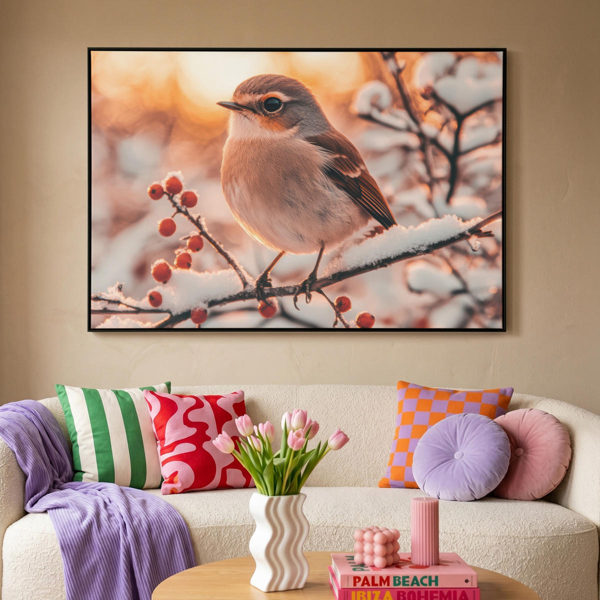 LEINWAND Bilder mit Rahmen - Vogel - Zweig - Winter - Tiere - Schnee - 140x90 - Bernsteinfarben, Textil (140/90cm) - MuchoWow