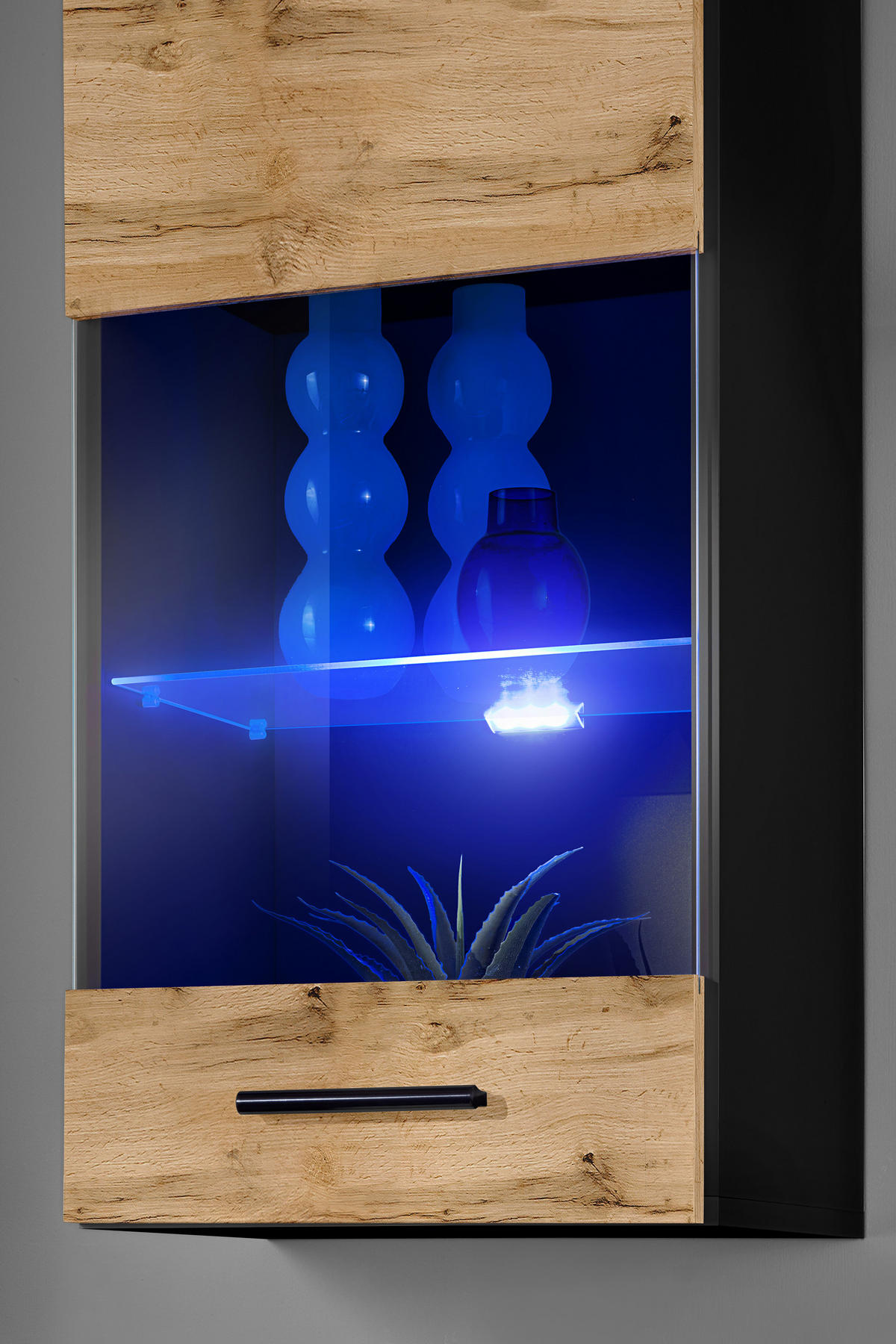 WOHNZIMMERSET VARALLO, 6er-Set, Schwarz, Front Eiche Wotan , LED Mehrfarbige - Eiche Wotan/Schwarz, Glas/Holzwerkstoff (200/190/45cm) - Komodee