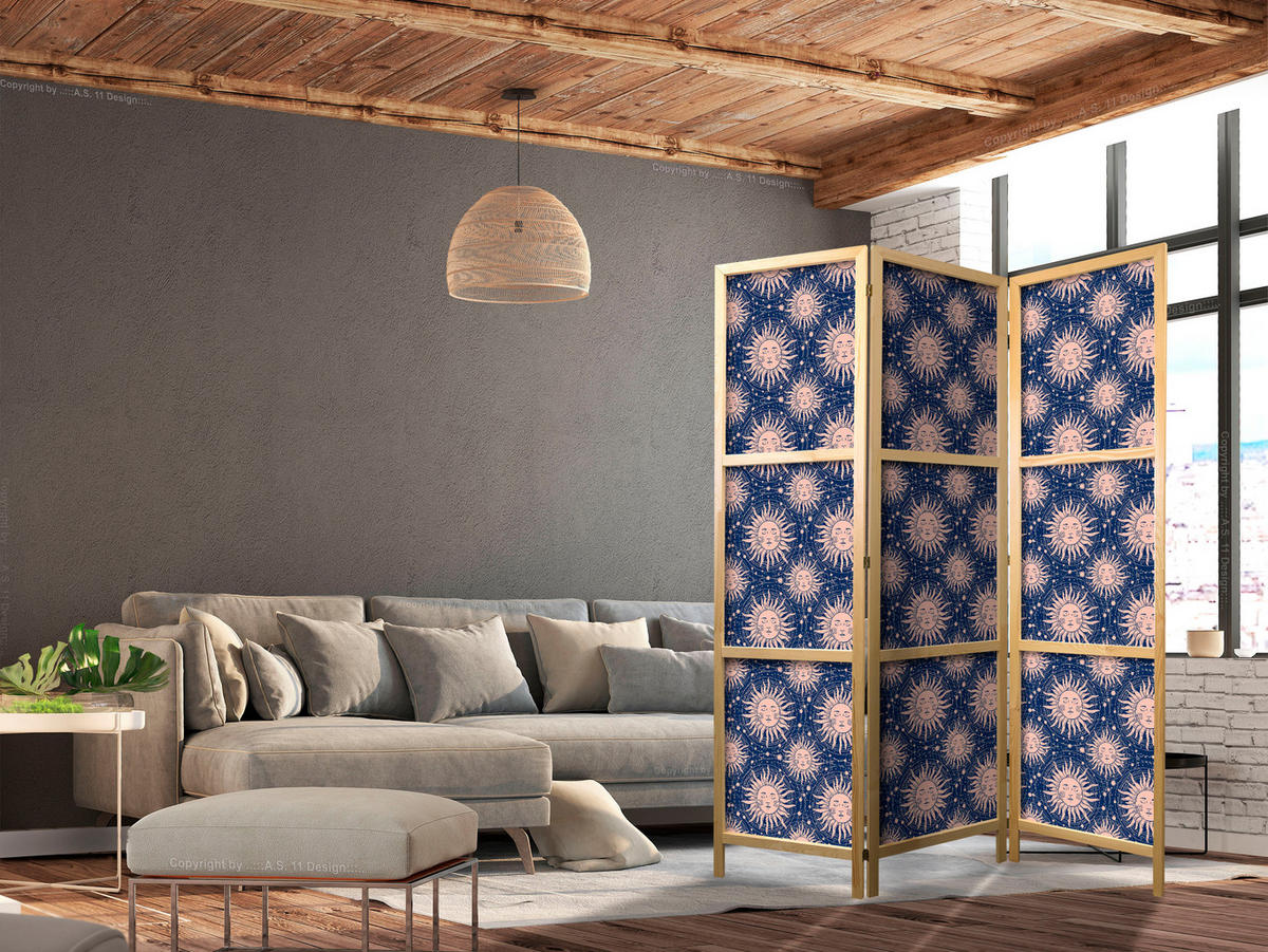 PARAVENT Japanischer 3-tlg 135x172 cm Sonnen - Blau, Holz/Textil (135/172/3cm) - Muralo