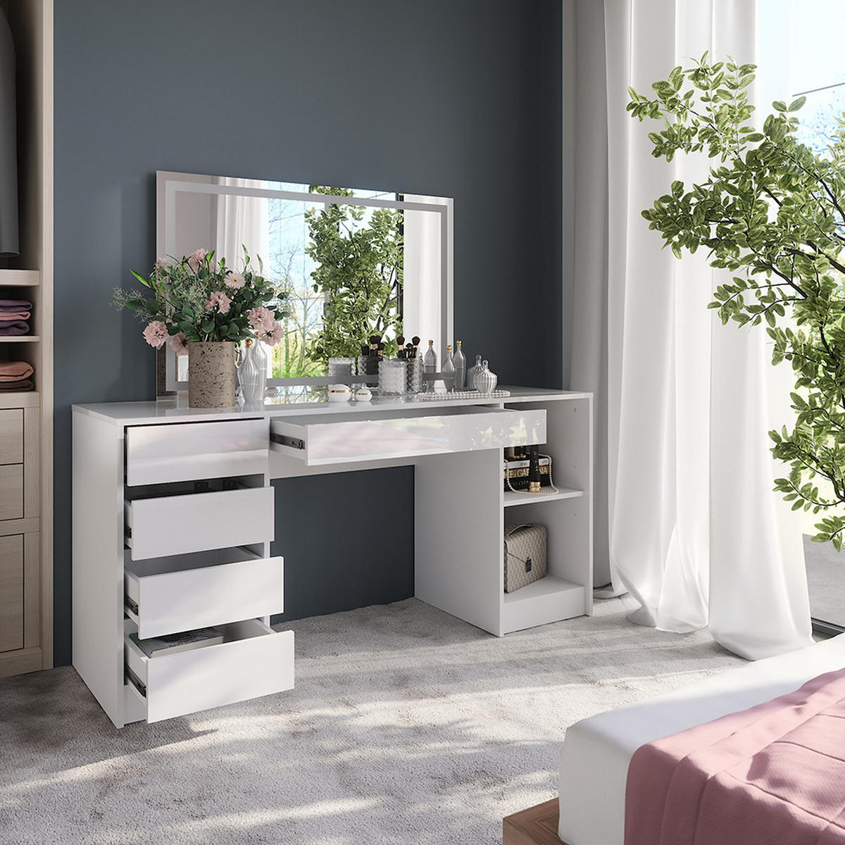 SCHMINKTISCH Sherry Weiß/Weiß Hochglanz 158.2 cm mit LED-Spiegel - Weiß Hochglanz, Holzwerkstoff (158.2/76/50.1cm) - Vicco