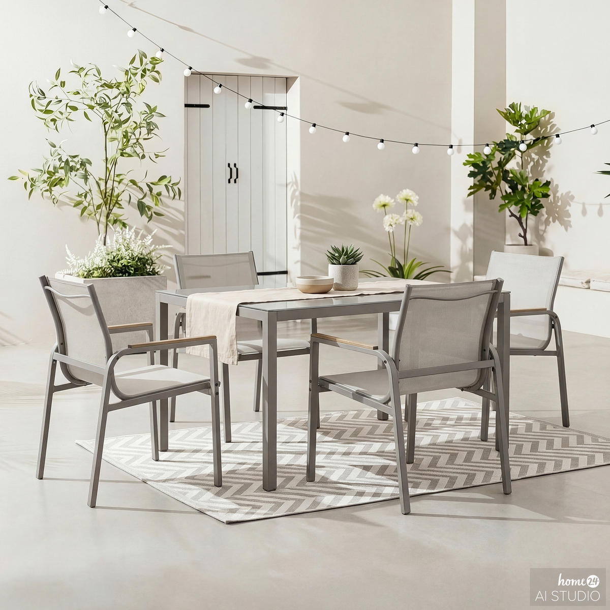 GARTENESSGRUPPE - 5-teilig - Stahl / Glas / Olefin - Taupe, Glas/Textil - home24