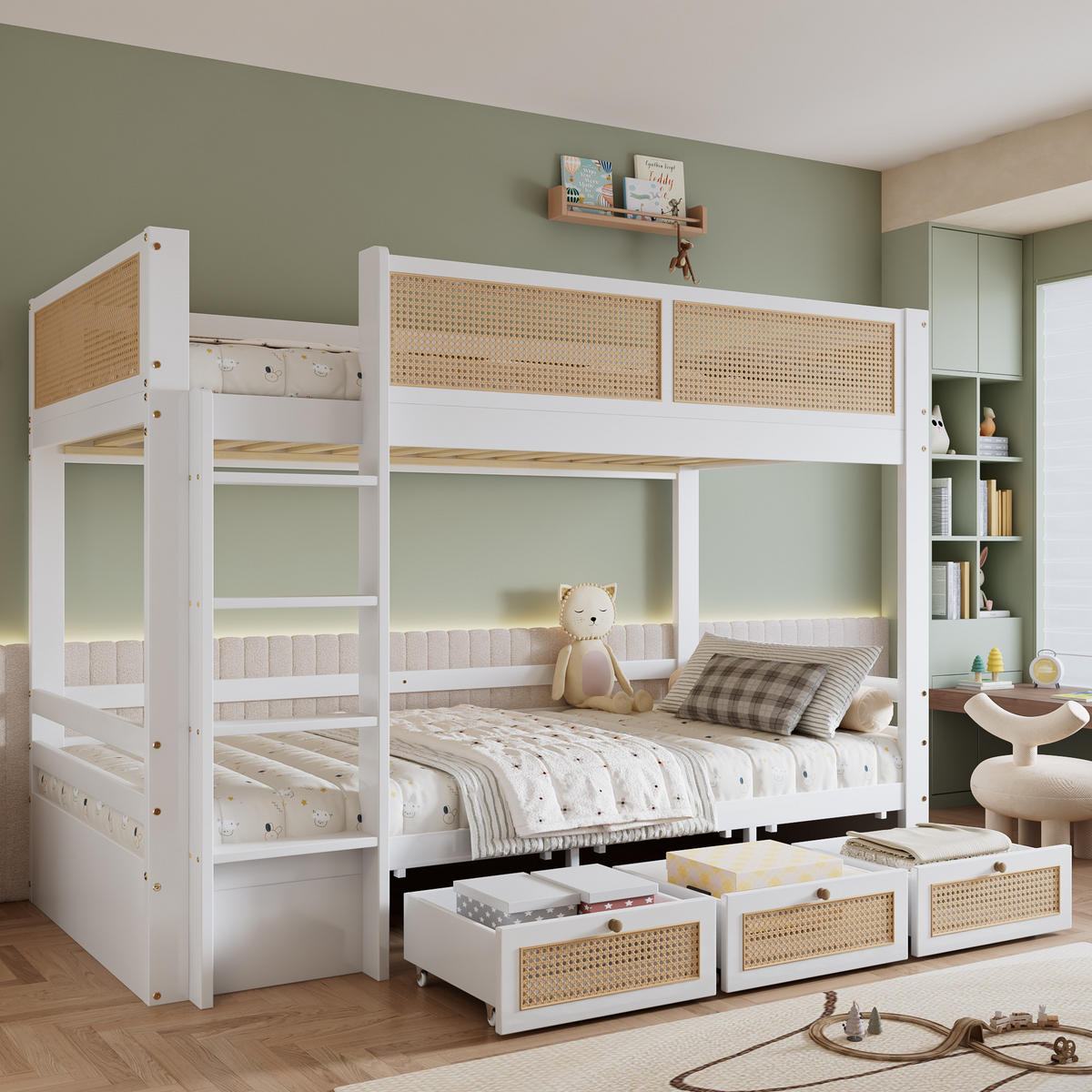 ETAGENBETT 90/200 cm in Weiß & Natur mit 3 Schubladen - Weiß, Holz/Holzwerkstoff (90/200cm) - WISHDOR