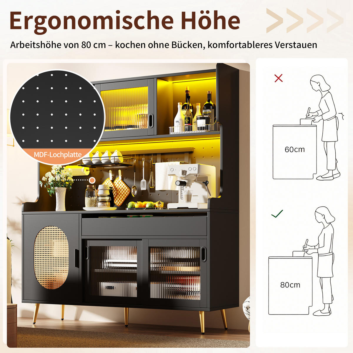 HIGHBOARD in Schwarz Küchenschrank mit LED-Lichtleiste und Schubladen für Küche und Wohnzimmer, B145/T39/H171 cm - Goldfarben/Schwarz, Glas/Holzwerkstoff (145/171/39cm) - STILVORA