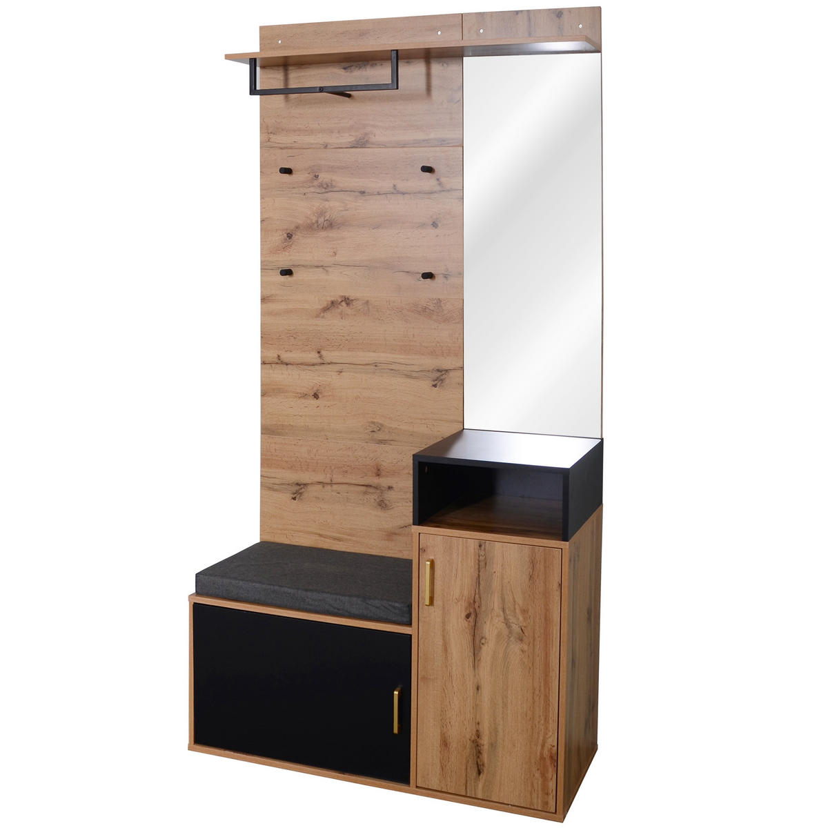 DIELENGARDEROBE mit Spiegel, Sitzbank und 4 Haken 105/40/191,5 cm - Schwarz, Holzwerkstoff (105/191/40cm) - BEAOK