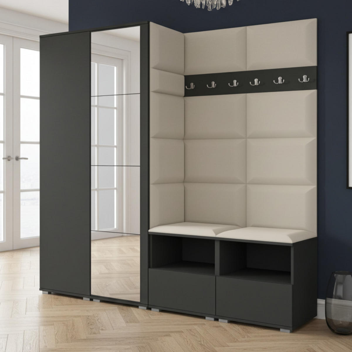 GARDEROBE NELA VI 200 cm (Modulare Flurmöbel Graphit mit Spiegel & Sitzpolster Creme 01 Universell) - Silberfarben/Creme, Holz/Holzwerkstoff (200/187/40cm) - Ravio