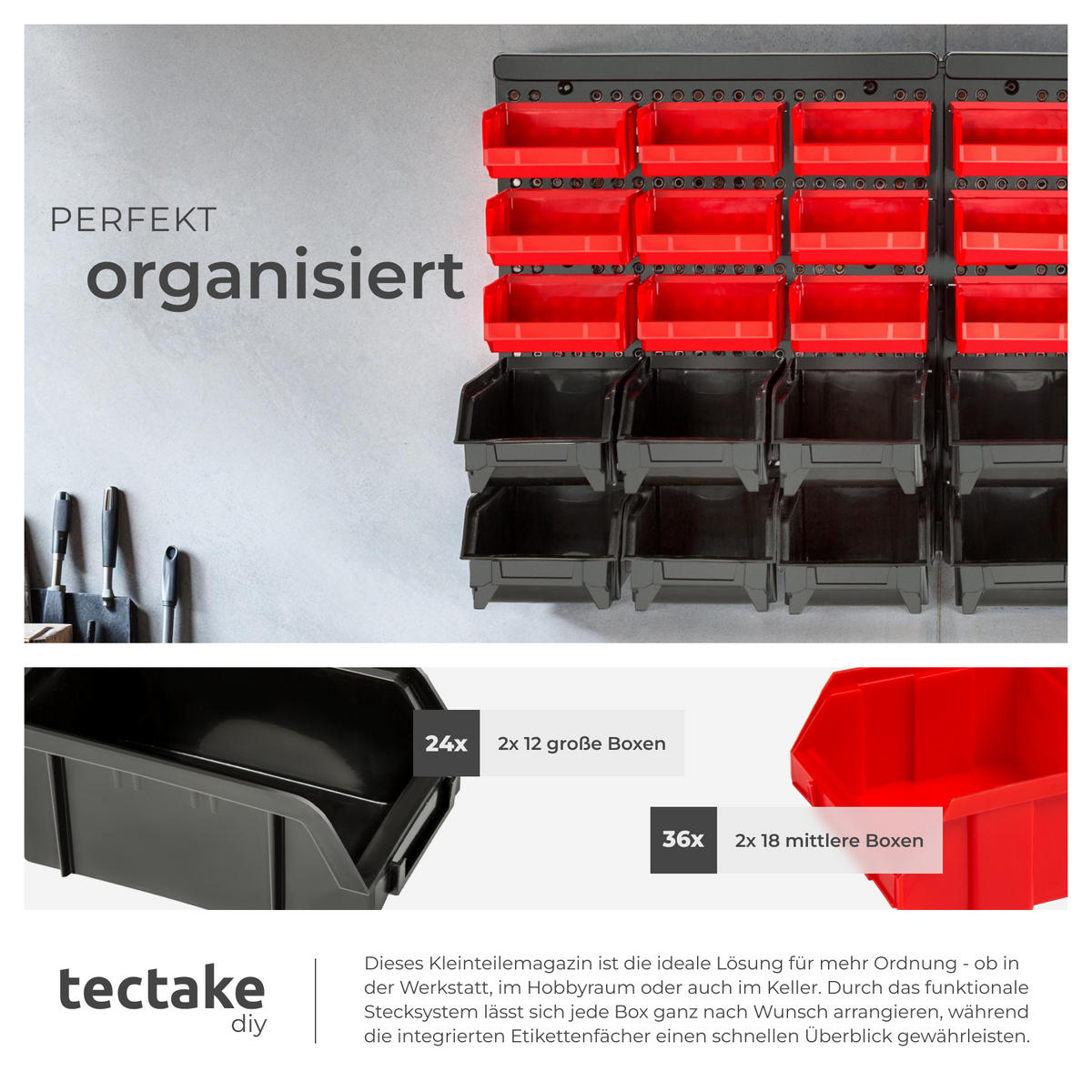 WANDREGAL 2er Set STAPELBOXEN ,2 stabile Wandplatten mit je 64 x 38 x 17,5 cm,schwarz - Schwarz, Textil (17.5/38/64cm) - tectake