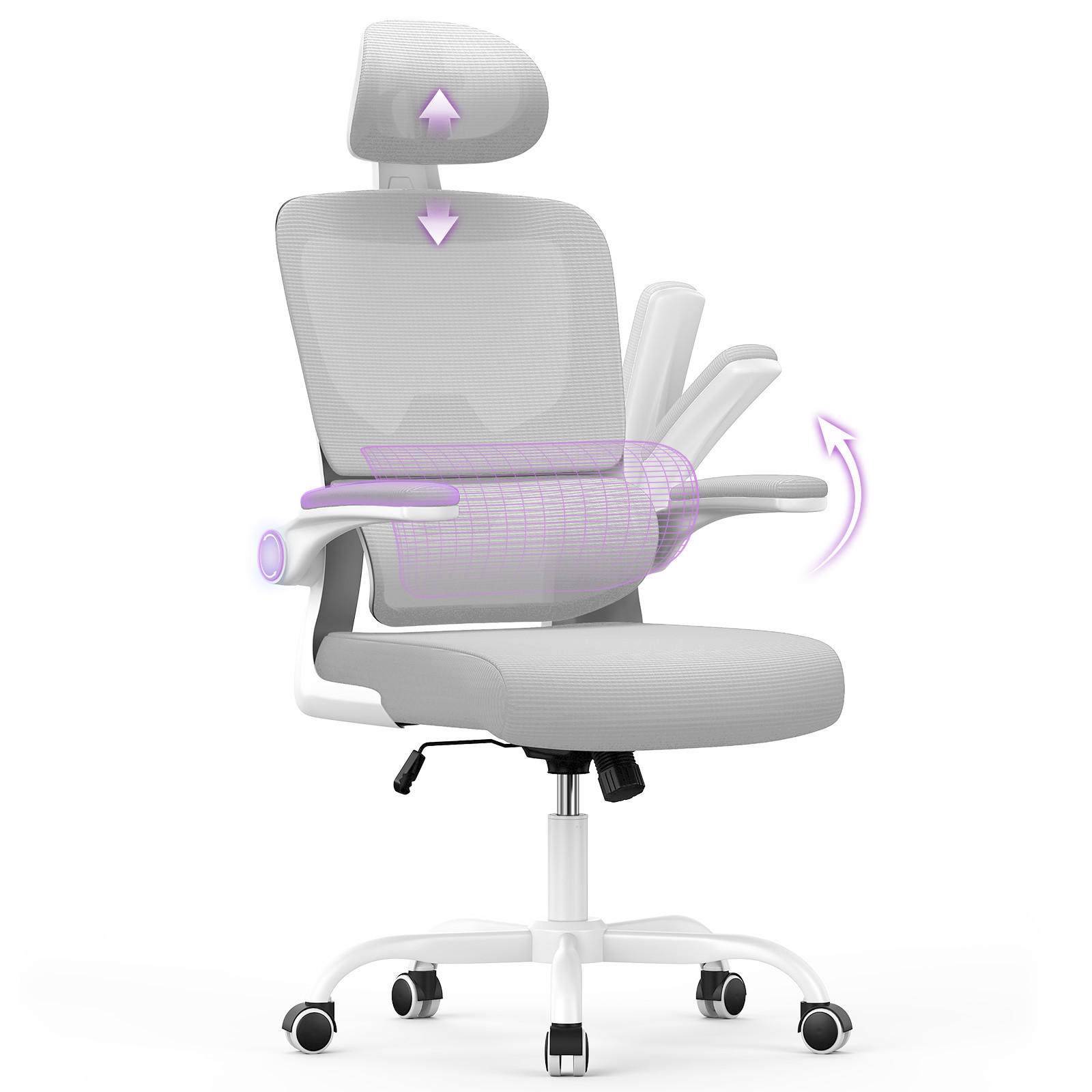 BÜROSTUHL Weiß-Grau ergonomisch mit klappbaren Armlehnen - Grau, Metall (25/52.5/65cm) - Rattrix