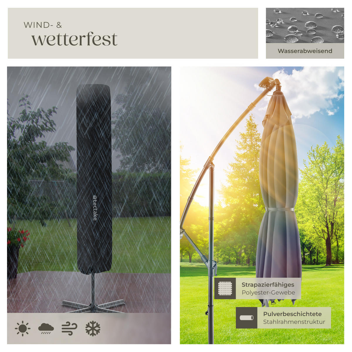 SONNENSCHIRM Sunna,wasserabweisend, inkl. Windsicherung und Schutzhülle,hellgrau - Hellgrau, Kunststoff (250/300cm) - tectake
