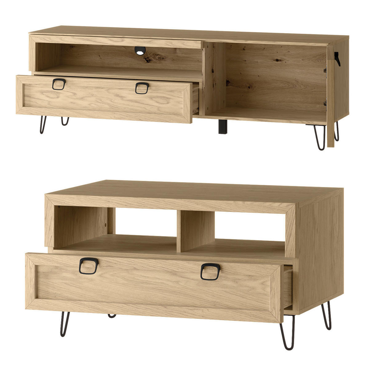 WOHNZIMMER-SET Limbo Eiche Artisan 3-teilig - Eiche Artisan/Braun, Holz/Metall (160/53/42cm) - Feldmann-Wohnen
