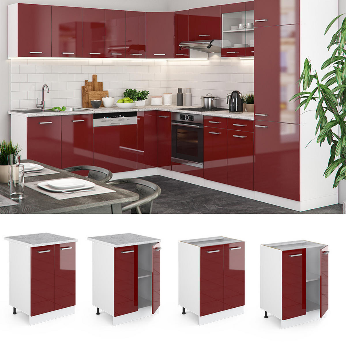 KÜCHENUNTERSCHRANK R-Line Bordeaux Hochglanz 60 cm, AP Anthrazit - Bordeaux/Weiß, Holzwerkstoff (60/81.6/60cm) - Vicco