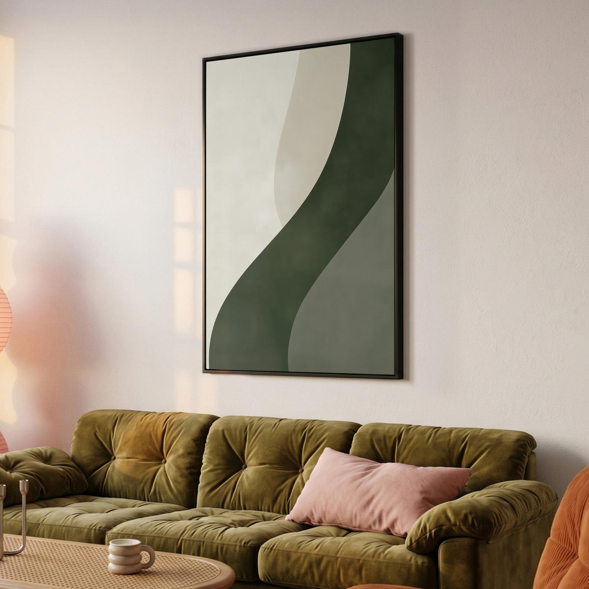 LEINWAND Bilder mit Rahmen - Japandi - Grün - Abstrakt - Modern - 90x140 - Salbeigrün, Textil (90/140cm) - MuchoWow