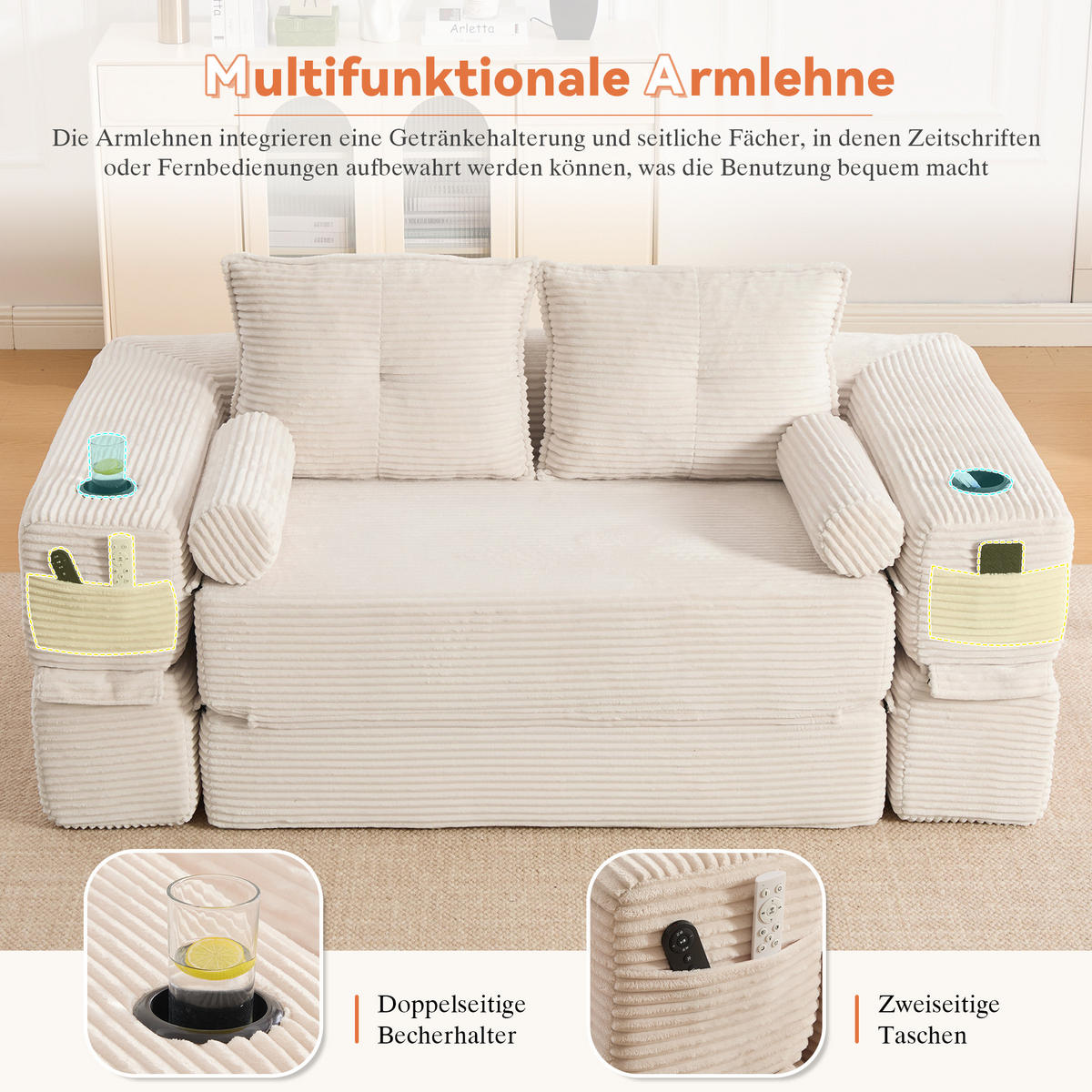 SCHLAFSOFA mit Cordbezug, Memory-Kissen, Getränkehalter und Zierkissen - Beige, Textil (180/80/98cm) - EVRYAE