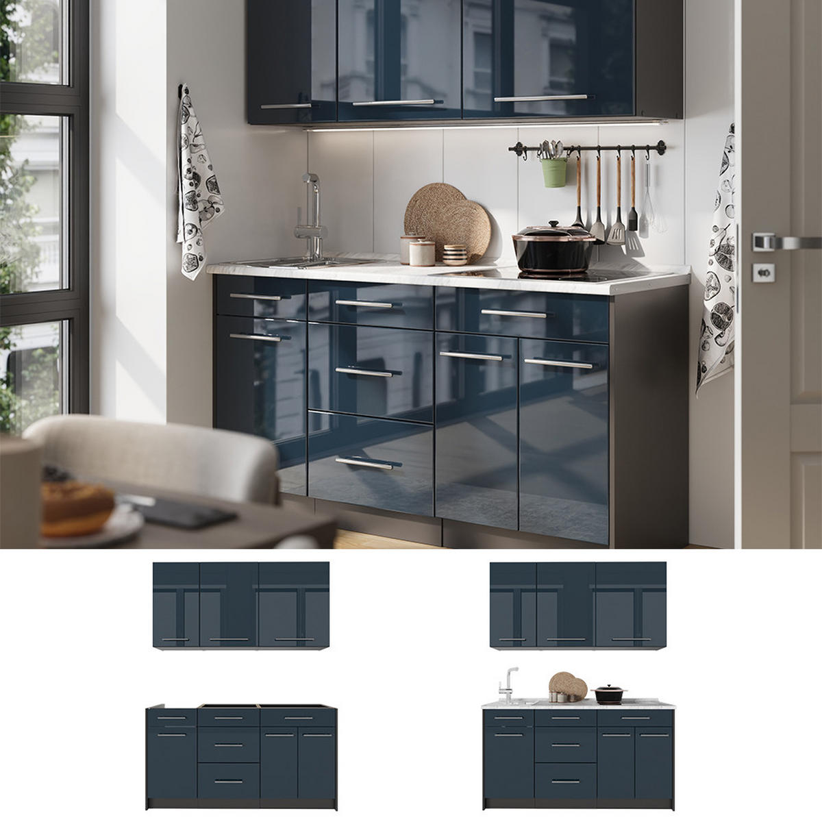 SINGLEKÜCHE Fame-Line, Dunkelblau Hochglanz/Anthrazit, 150 cm, AP Eiche - Anthrazit/Dunkelblau, Holzwerkstoff (150/82/60cm) - Vicco