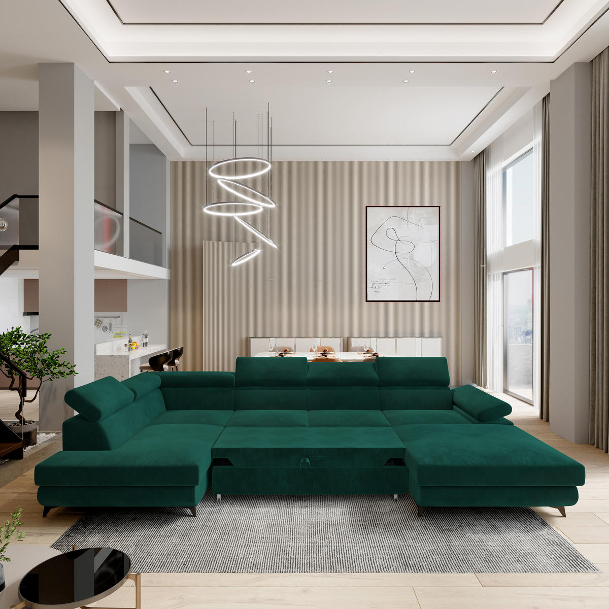 WOHNLANDSCHAFT RUBANO L-S Grün Velours-Stoff mit Schlaffunktion - Grün, Holz (339/89/190cm) - MASSENO