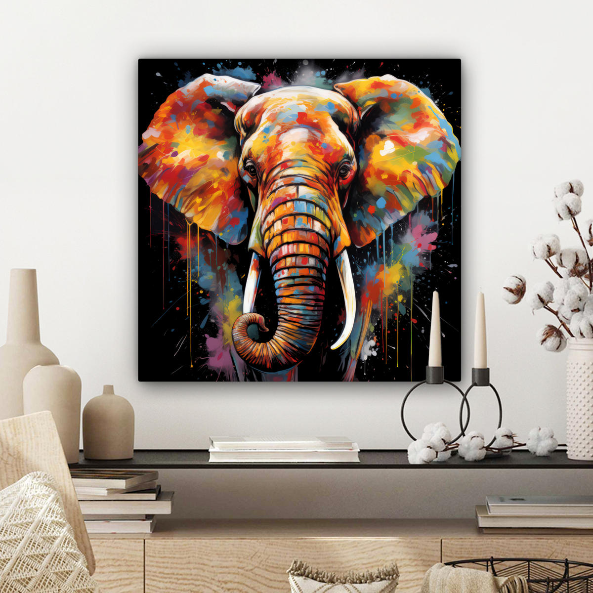 LEINWANDBILD Elefant - Graffiti - Schwarz - Tiere - Farben Wandbild Wohnzimmer 50x50 cm - Schwarz, Textil (50/50cm) - MuchoWow