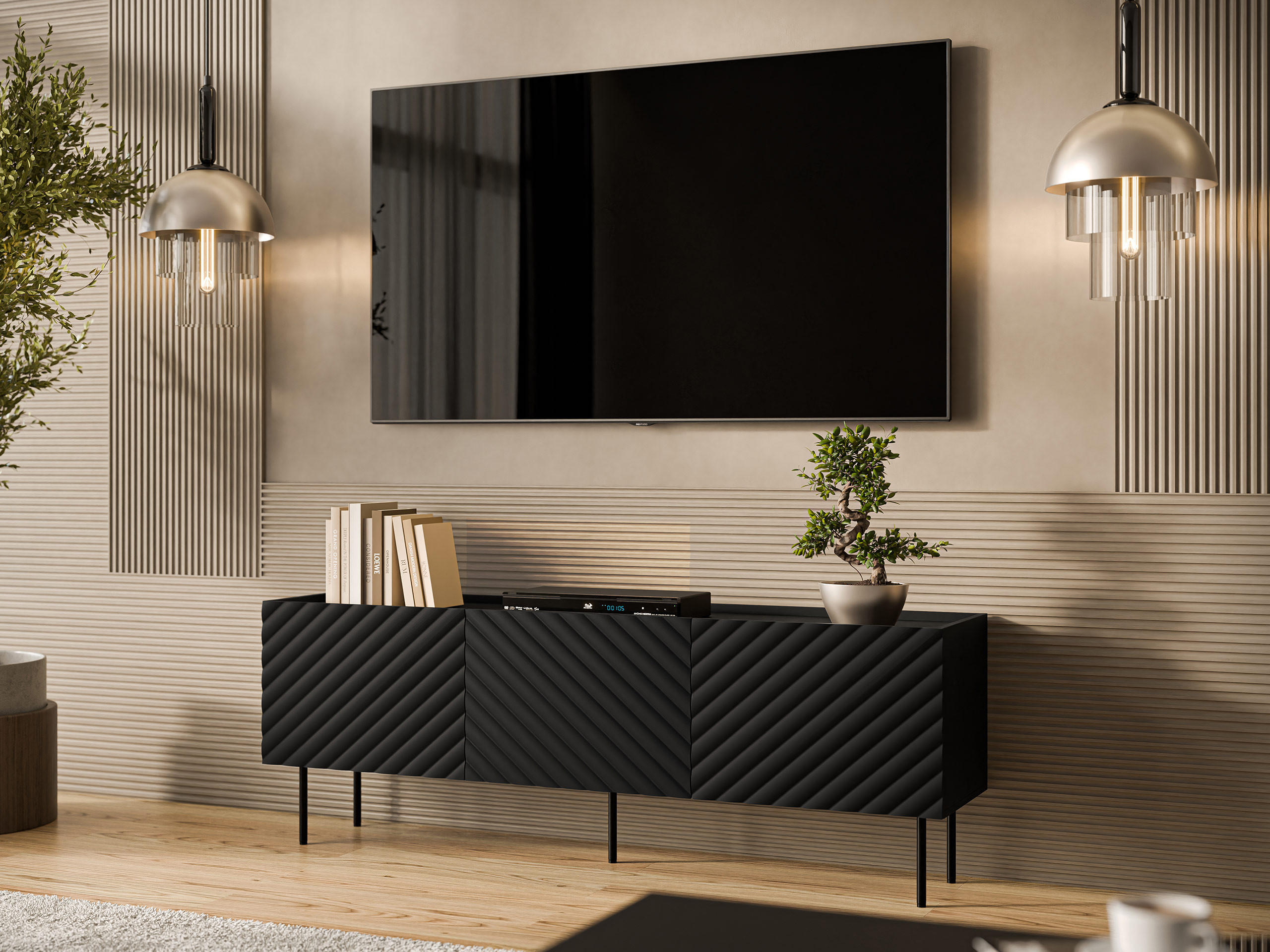 TV-LOWBOARD Lucca 165 3D - Schwarz, Holz/Holzwerkstoff (166/59/40cm) - MIRJAN24
