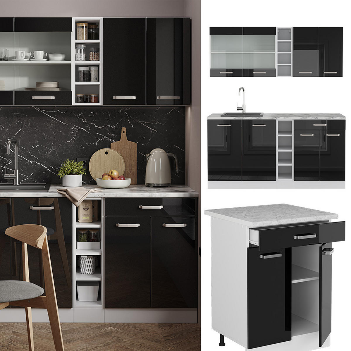 SINGLEKÜCHE R-Line Schwarz Hochglanz/Weiß 160 cm, AP Eiche - Schwarz Hochglanz/Weiß, Holzwerkstoff (160/81.6/60cm) - Vicco