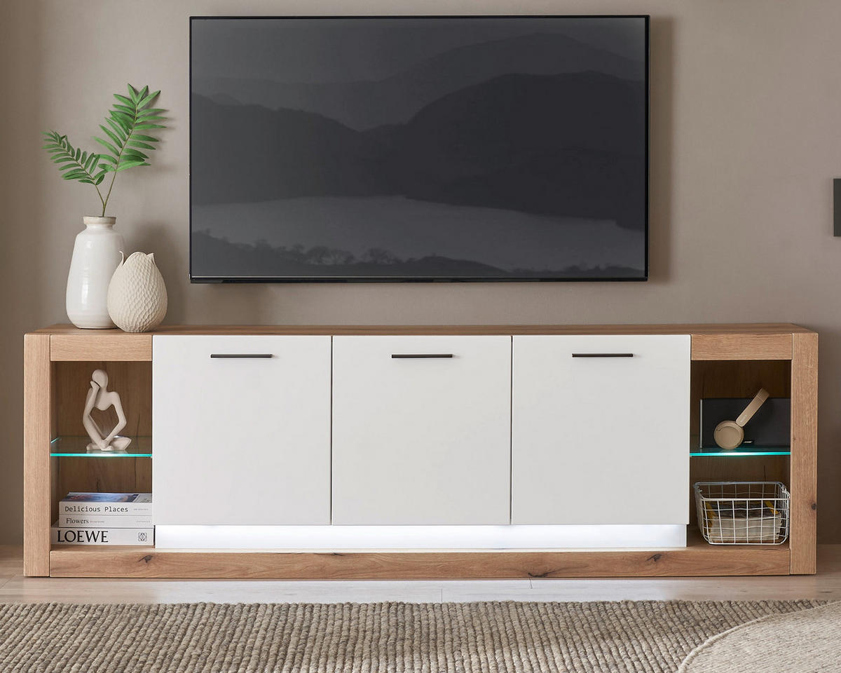 TV-LOWBOARD weiß matt, Evoke Eiche, TV Unterteil Komforthöhe XL-Board - Eichefarben/Silberfarben, Glas/Holzwerkstoff (198/61/43cm) - Furn.Design
