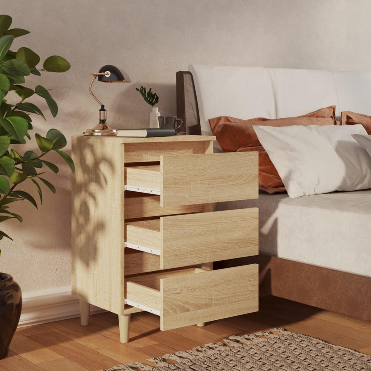 NACHTTISCH mit Massivholz-Beinen 40/35/69 cm in Sonoma-Eiche Dekor - Beige/Braun, Holz (40/69/35cm) - vidaXL