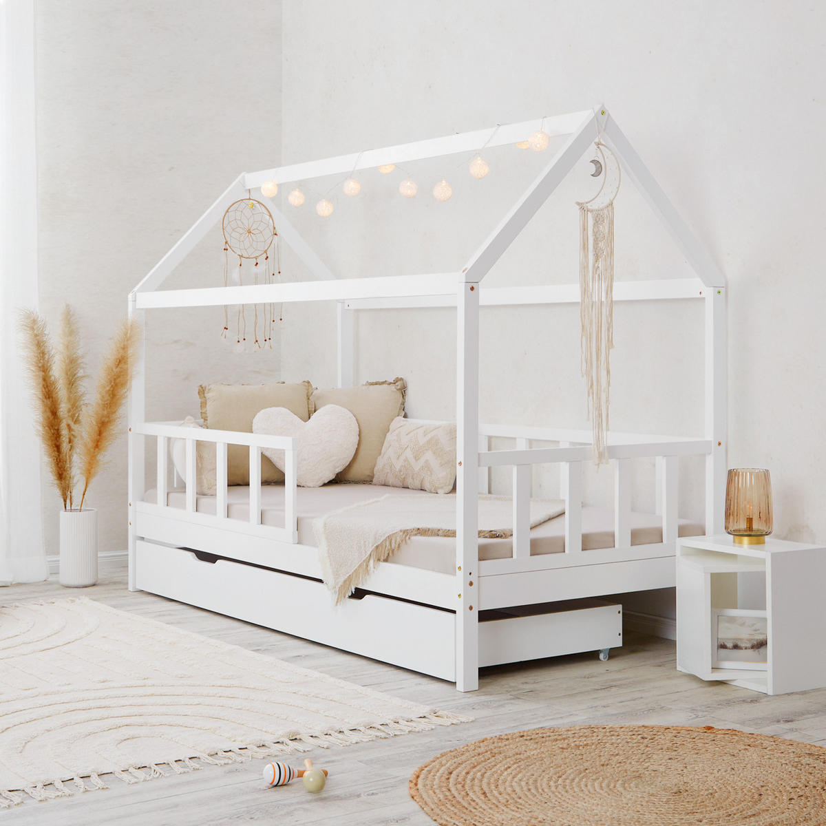 HAUSBETT 90/200 mit Rausfallschutz Weiß - Weiß, Holz (207/158/96cm) - Homestyle4u