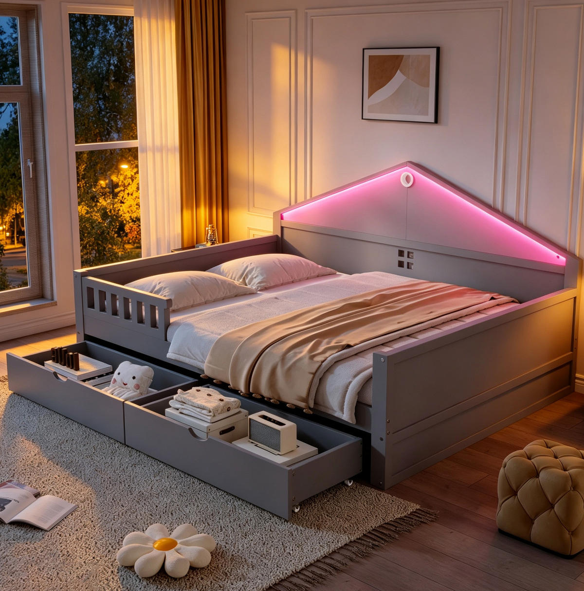 BETT mit LED-Beleuchtung und 2 Schubladen 140x200 cm Grau - Grau, Holzwerkstoff (140/200cm) - Beauniv