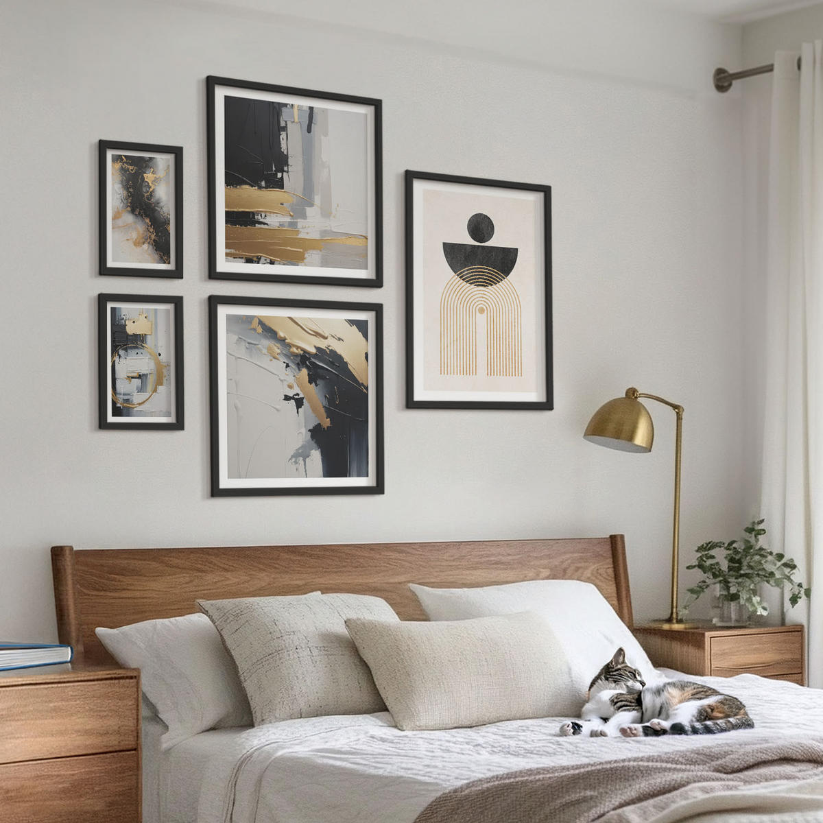 BILDER SET 5er Set - 50x50 cm & 20x30 cm & 40x60 cm Schwarzer Rahmen - Abstrakte Geometrie-Komposition - Schwarz, Kunststoff (40/60cm) - TULUP