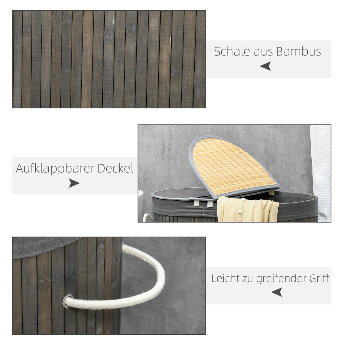 WÄSCHEKORB mit Deckel 100L, Bambus, Grau - Grau, Naturmaterialen (62.5/60.5/37cm) - HOMCOM