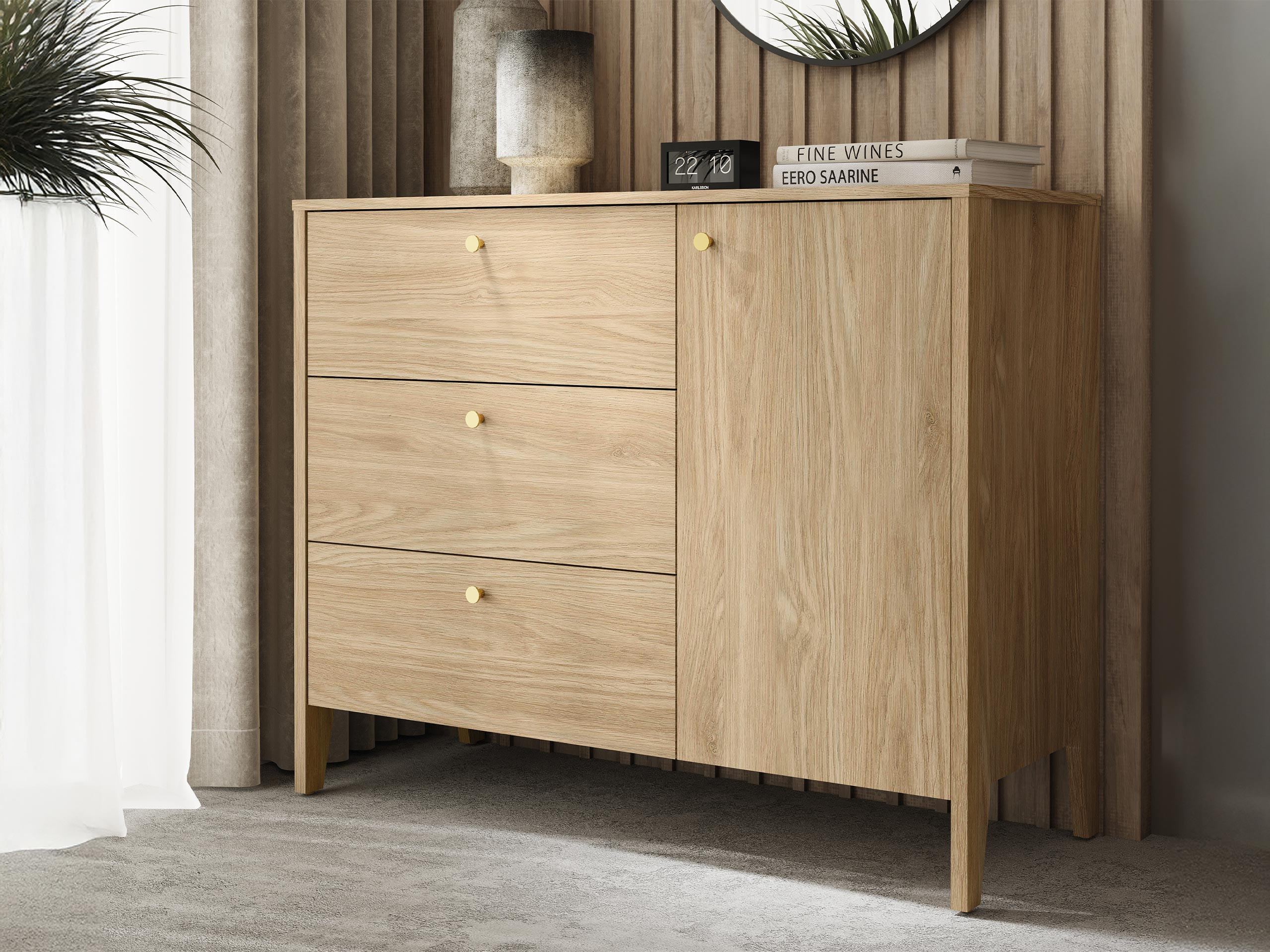KOMBIKOMMODE Snugly 1D3S SU03 - Eichefarben/Goldfarben, Holz/Holzwerkstoff (112/91/45cm) - MIRJAN24