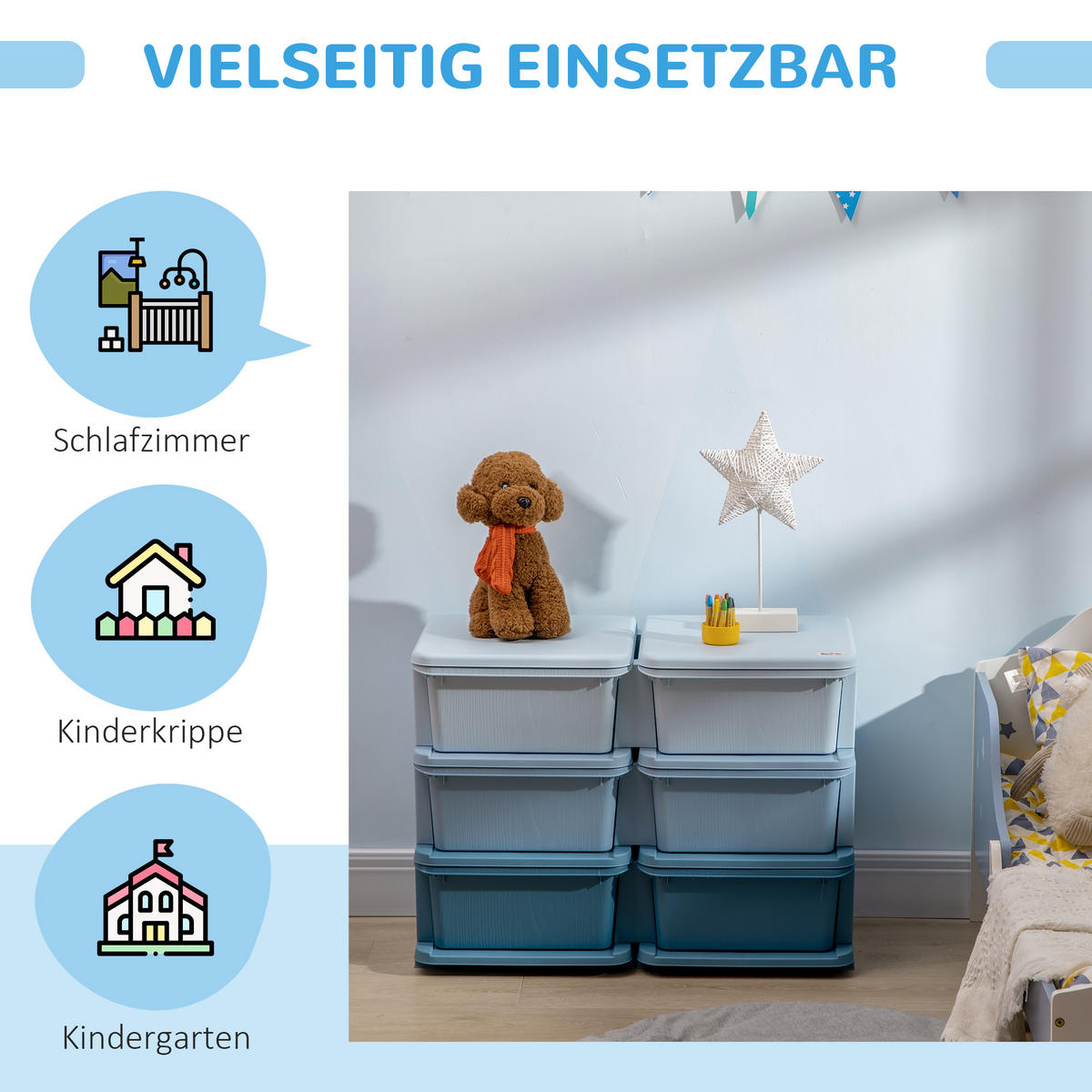 SCHUBLADENSCHRANK, Kunststoff, Himmelblau/Blassblau/Tiefseeblau, 75L x 37B x 56,5H cm - Blau, Kunststoff (37/56.5/75cm) - HOMCOM