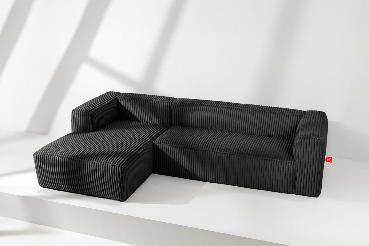 ECKSOFA-LINKS FEROX Modern, Cord-Stoff, schwarz - Schwarz, Textil (305/175cm) - KONSIMO®