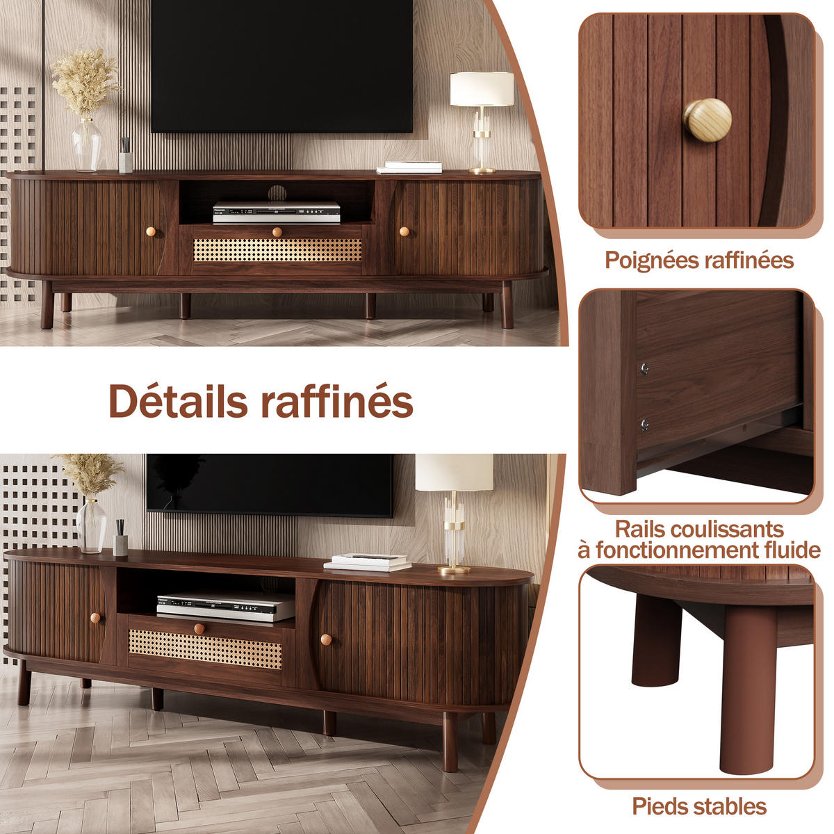 TV-LOWBOARD 165 x 37 x 46 cm, Rattan-Schubladen, Schiebetüren, Stauraum, Walnuss - Walnussfarben, Holzwerkstoff (165/46/37cm)