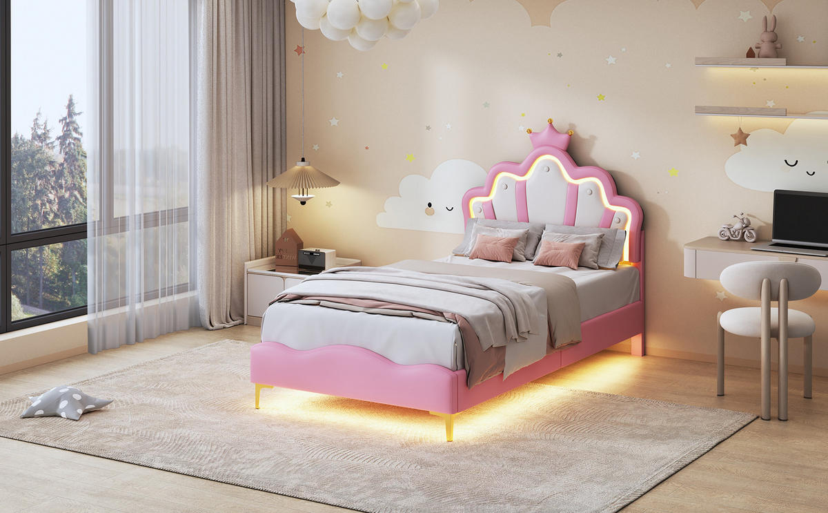 KINDERBETT 90/200 Rosa LED Polsterbett Prinzessin - Rosa, Metall (90/200cm) - Joyfair