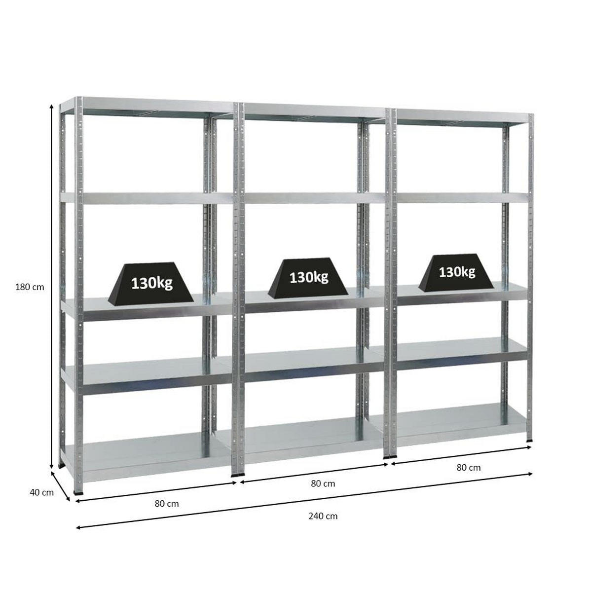 SCHWERLASTREGAL Steel Eagle 3er-Set mit 3x 180x80x40 cm Fachlast 130 kg Verzinkt - Silberfarben, Metall (240/180/40cm) - PROREGAL