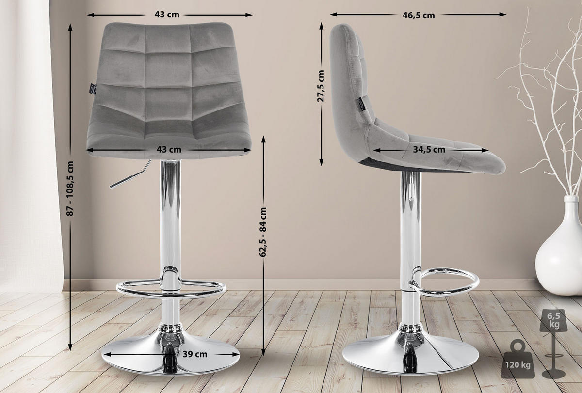 BARHOCKER 2er Set James Samt chrom grau - Chromfarben/Grau, Textil/Metall (43/108.5/46.5cm) - TPFLiving