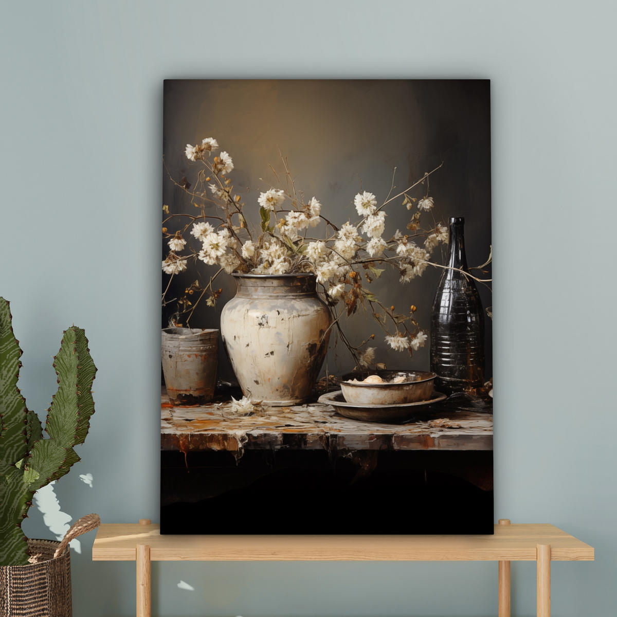 LEINWANDBILD Stilleben - Blumen - Blumenstrauß - Vase - Wein Wandbild Wohnzimmer 60x80 cm - Schwarz, Textil (60/80cm) - MuchoWow