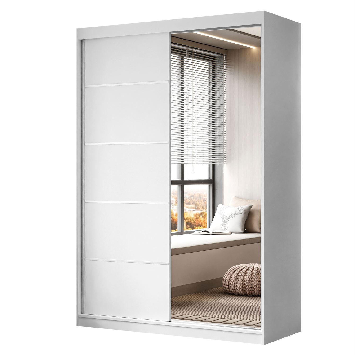 KLEIDERSCHRANK CAMARO II PLUS 150 cm mit Spiegel Schiebetürenschrank Weiß - Weiß, Holzwerkstoff (150/215/59cm) - Lookway