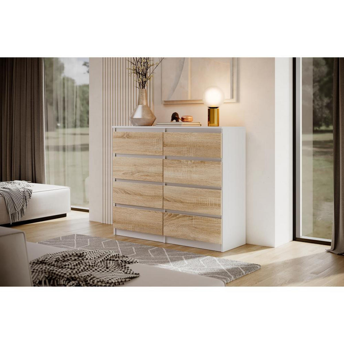 KOMMODE Lemon 120 cm mit acht Schubladen weiß/eiche Sonoma - Weiß/Sonoma Eiche, Holzwerkstoff (120/101.5/39cm) - Beautysofa